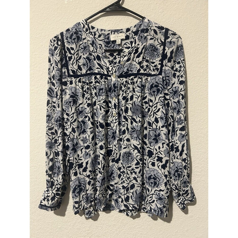 Lucky Brand Women Top Size M Blue White Floral Print Long Sleeves Half Button Up